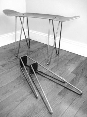 Hairpin Legs | Skateboard legs - could use to make a console table or a bench with a piece of wood instead of a skateboard. Skateboard Furniture, Wooden Benches, Hairpin Table, Hairpin Leg Table, Stainless Steel Furniture, Pin Legs, Custom Metal Fabrication, Retro Renovation, Make A Table