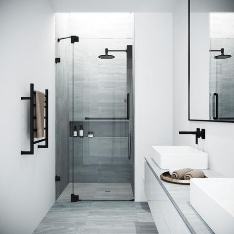 VIGO Pirouette 30-36 in. W x 74 in. H Adjustable Frameless Pivot Shower Door in Matte Black-VG6042MBCL36 - The Home Depot Black Shower Doors, Frameless Sliding Shower Doors, Modern Bathroom Remodel, Frameless Shower Door, Tub Doors, Geek Decor, Frameless Shower Doors, Bathroom Remodel Shower, Sliding Shower Door