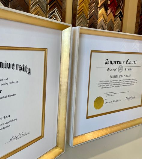 Framing Degree Ideas, Diploma Display Office, Diploma Frame Ideas Display, Diploma Frame Ideas, Framed Diploma Ideas, Diploma Wall, Diploma Display, Gold Frame Gallery Wall, Diploma Frame