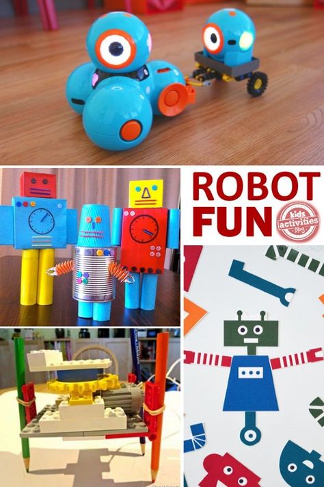 If your kids love exploring science and technology I bet they would love to explore robotics.  These are all robots that kids can make! Robot Party Activities, Recycled Robot Project Diy, Robot Crafts For Preschoolers, Recycled Robot Project, Robot Preschool, Robot Crafts, Robots Preschool, Stem Station, Robot Activity