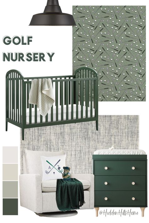 Golf themed nursery decor ideas! Cute golfer nursery mood board Golf Themed Nursery, Nursery Mood Board, Golf Nursery, Green Crib, Green Nursery Boy, Nursery Decor Ideas, Golf Room, Golf Baby, Nursery Decor Inspiration