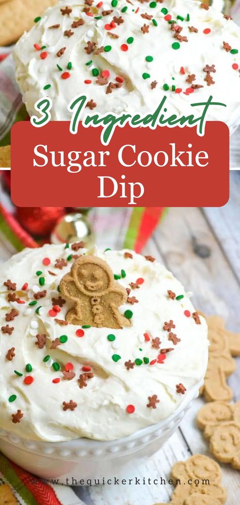 Making sugar cookie dip is quick and easy. You only need three ingredients to make this delicious sugar cookie dip. It’s the easiest way to get your favorite dessert fix, and perfect for serving at both parties & potlucks in any season- and for any occasion! Visit thequickerkitchen.com and save this family friendly recipe today! Cream Cheese Dip For Cookies, Frosted Animal Cookie Dip, Christmas Sugar Cookie Dip, Cream Cheese Cookie Dip, Sugar Cookie Dip Recipe, Cookie Dippers Recipe, Christmas Dessert Dip Recipes, Cookie Dip Recipes, Quick And Easy Desserts 3 Ingredients