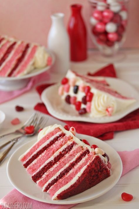 Sky-High Pink and Red Velvet Cake - SugarHero! Red Velvet Layer Cake, Pink Velvet Cakes, Red Velvet Recipes, Cakes Recipes, Valentines Day Cakes, Gateaux Cake, Delicious Cream, Sweetest Thing, Velvet Cake