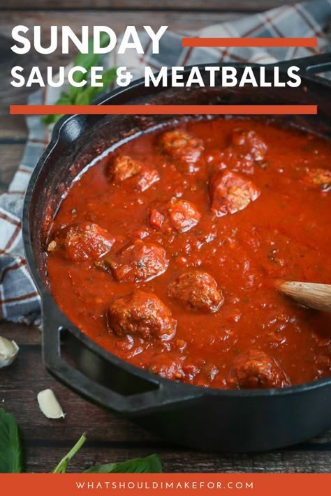 Dutch Oven Spaghetti And Meatballs, Best Sunday Sauce Recipe, Sunday Sauce Italian Easy, Sunday Spaghetti Sauce, Meatballs And Sauce Recipe, Homemade Sauce And Meatballs, Sunday Sauce Italian Crockpot, Meatball And Sauce Recipe, Sunday Sauce And Meatballs