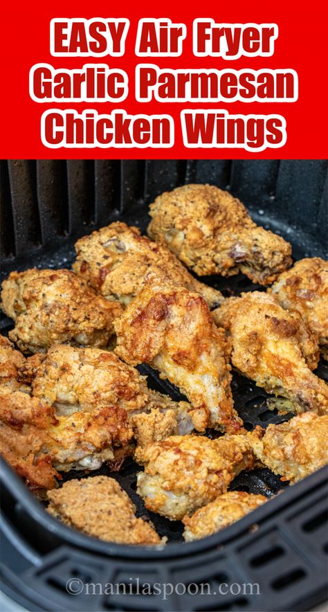 Easy Air Fryer Garlic Parmesan Chicken Wings - Manila Spoon Gourmia Air Fryer, Air Fryer Chicken Wings Recipe, Air Fried Chicken Wings, Air Fry Chicken Wings, Air Fryer Garlic, Parmesan Wings, Parmesan Chicken Wings, Garlic Parmesan Chicken Wings, Healthy Air Fryer Recipes