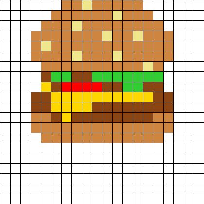 BurgerPerler Perler Bead Pattern | Bead Sprites | Food Fuse Bead Patterns Burger Perler Beads, Hamburger Perler Beads, Burger Pixel Art, Perler Bead Patterns Small Easy, Tiny Cross Stitch, Fuse Bead Patterns, Pixel Art Templates, Diy Perler Bead Crafts, Minecraft Pixel Art