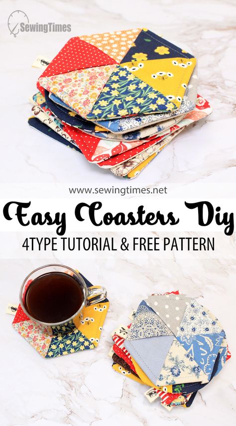 DIY EASY COASTERS 4TYPE for beginner | Home Deco & Sewing Gifts Ideas | Free Pattern [sewingtimes] Sewing Coasters Free Pattern, Fabric Coasters Diy Free Pattern, Fat Quarter Projects For Beginners, Sewing Beginners, Mug Rug Tutorial, Purse Sewing, Quilted Coasters, Mug Rug Patterns, Sewing Machine Projects