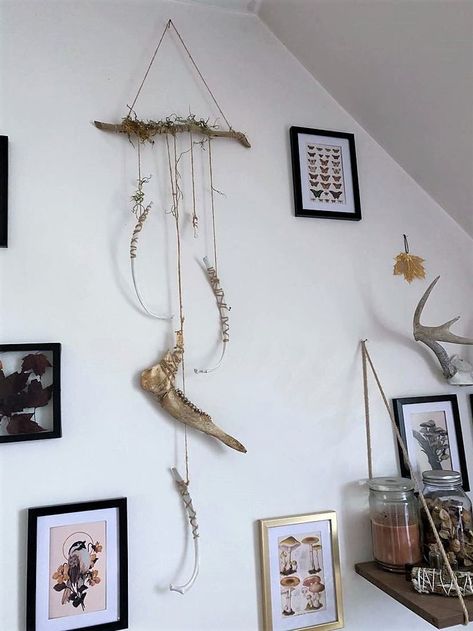 Handcrafted animal bone wall hanging made with primarily local resources gathered from forests within Central VT. My practice is very much in apprecitation of the forest and all life within it. The collecting and curating of earthly materials is an act of gratitude and an exercise in connection to the natural world. Bone Wall Hanging, Animal Bone Art, Skull Decor Diy, Organic Wall Decor, Bone Decor, Leg Bones, Bone Crafts, Witch Diy, Fantasy Decor