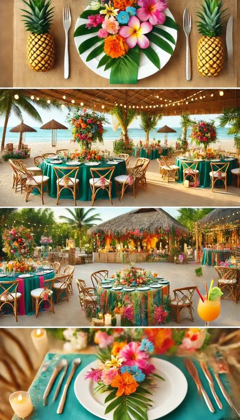 Tiki Torch Wedding, Hawaiian Theme Wedding Reception, Caribbean Theme Party Decorations, Tropical Wedding Tablescape, Bonfire Decor, Vibrant Tropical Wedding, Bright Floral Arrangements, Dreamy Wedding Reception, Tropical Decor Party