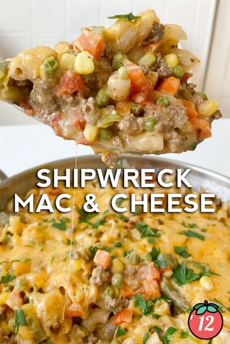 Shipwreck Mac & Cheese | 12 Tomatoes Hamburger Mac And Cheese, Easy Skillet Meals, Easy Skillet, One Pot Dinners, Comfort Food Recipes Dinners, 12 Tomatoes, Recipe Board, Macaroni Cheese, Skillet Meals