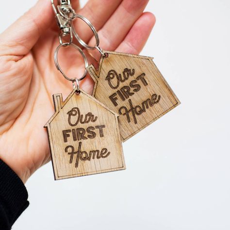 Our First Home Engraved Wooden Oak Keyring Set By Funky Laser | notonthehighstreet.com First Home Key, House Keyring, Oak Wood Veneer, Our First Home, Cube Necklace, Modern Sans Serif, Laser Cut Acrylic, Wooden House, The Keys