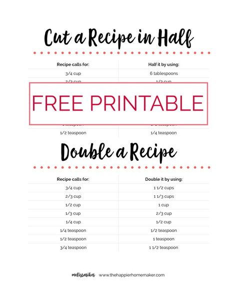 This free printable helps you to easy convert the measurement of any recipe in order to double or half it! It's normally such a pain to halve a recipe-no more! How To Half A Recipe, Half A Recipe, Cut Recipe In Half, Recipe Conversions, Baking Conversions, Half And Half Recipes, Cut Recipe, Baking Substitutes, Front Loading Washing Machine