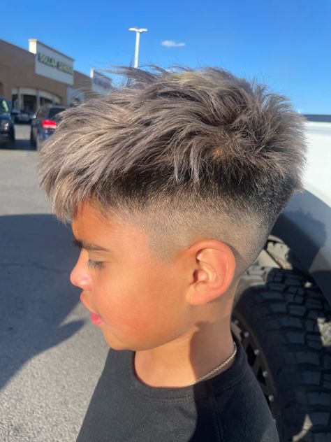 Boys Clean Cut, Fade, with Silver Hair, Texture Boy Highlights, Silver Hair Boy, Dark Brown Hair With Blonde Highlights, Kids Hair Color, Boys Colored Hair, Short Hair For Boys, Boys Highlights, Long Hair Highlights, Black Hair Balayage