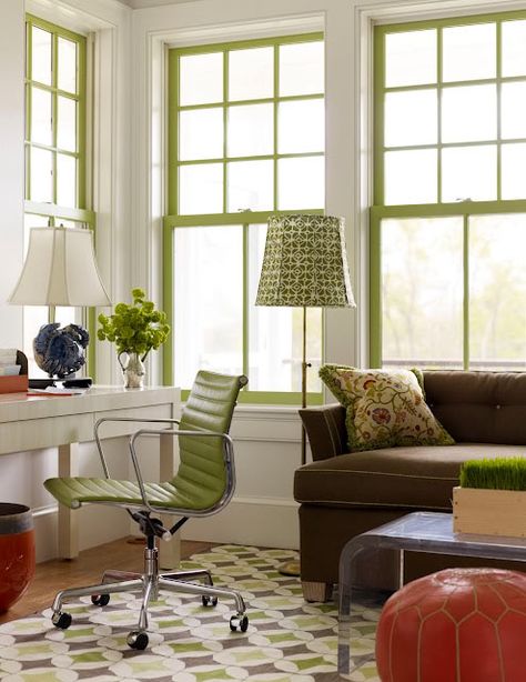 I have been wanting to do a feature on the idea of color painted window frames. It has instant impact plus it's affordable and easy. View here... Chartreuse Decor, Painted Window Frames, Interior Window Trim, Green Window, Green Windows, Interior Windows, Room Color, Painting Trim, Sash Windows