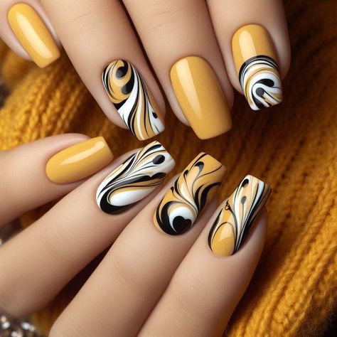 Mustard And Black Nails, Fall Nails Mustard Yellow, Mustard Nails Design, Mustard Yellow Nails, Mustard Nails, Bumble Bee Nails, Cut Dog Nails, Mustard Background, Dark Nail Designs