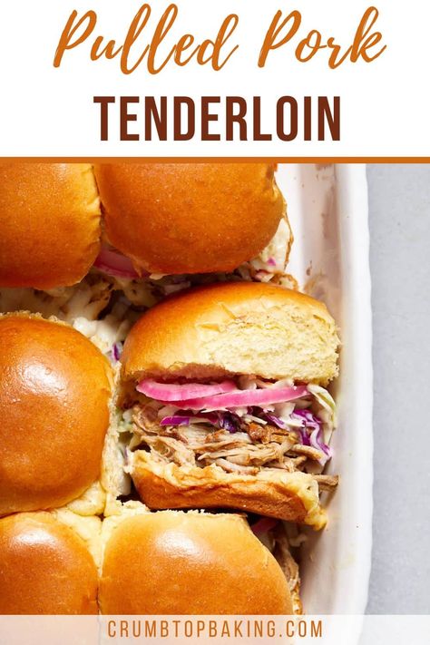 Slow Cooker Pulled Pork Tenderloin is a leaner pulled pork option that is tender and juicy and comes together easily in the crockpot! Crockpot Pork Tenderloin Bbq, Crock Pot Pulled Pork Tenderloin, Pulled Pork Tenderloin Slow Cooker, Pork Tenderloin Crock Pot Recipes, Pulled Pork Tenderloin, Tenderloin Recipes Crockpot, Bbq Pork Tenderloin, Slow Cooker Meat, Crockpot Pork Tenderloin