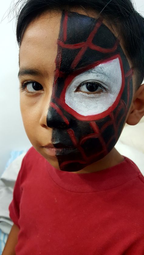 Miles Morales Face Paint, Miles Morales Makeup, Miles Morales Face, Spiderman Face Paint, Spider Man Face Paint, Superhero Face Painting, Spiderman Face, Spider Man Miles, Painting Halloween