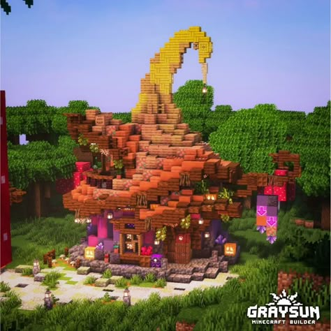 Minecraft Witch Hut Ideas, Halloween Banner Minecraft, Witches Hut Minecraft, Witch Hut Minecraft, Spooky Minecraft Builds, Hut Minecraft, Witch House Minecraft, Minecraft Halloween Builds, Spooky Minecraft