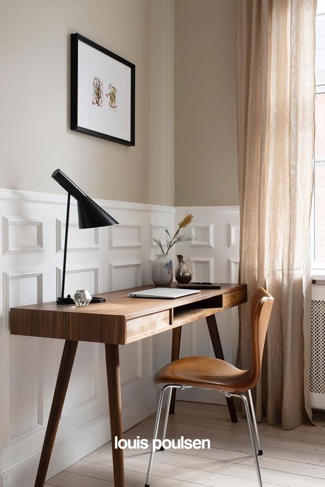 The AJ Table Lamp is a Danish design icon, originally designed by Arne Jacobsen in 1957. The timeless design of the AJ lamp remains current and in line with modern interior trends, suitable for any home office or living room space. Credit: @signekp Finance Accounting, Table Lamp Modern, Modern Home Office Furniture, Room Items, Small Home Offices, Office Room Decor, Desk Ideas, Lamp Modern, Home Office Setup