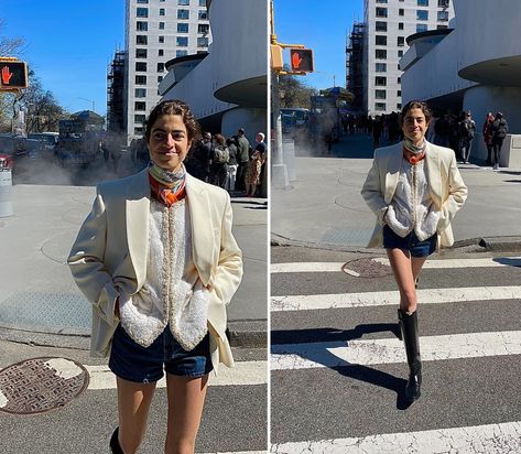 Tie A Silk Scarf, Leandra Medine Style, Silk Scarf Outfit, Denim Shirt Outfit, Leandra Medine, Collarless Jacket, Scarf Outfit, Triangle Scarf, Striped Jacket