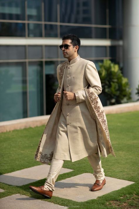 Photo of Groom look with beige sherwani and stole Coral Lehenga, Wedding Sherwani For Men, Indian Groom Dress, Sherwani For Men Wedding, Wedding Kurta For Men, Groom Party, Suit Groom, Groom Dress Men, Wedding Outfits For Groom