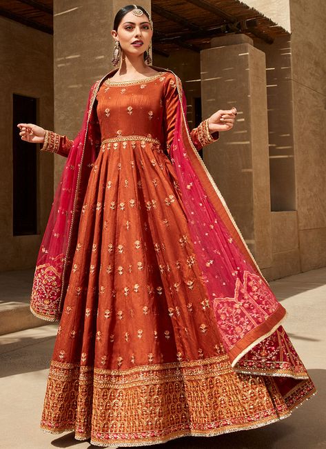 Luxury Pink Anarkali Set For Diwali, Luxury Orange Anarkali Set With Dabka Embroidery, Luxury Orange Anarkali Set For Party, Luxury Orange Anarkali Set With Dori Work, Luxury Orange Anarkali Set With Mirror Work, Luxury Orange Anarkali Set For Diwali, Luxury Dabka Anarkali Set For Diwali, Luxury Orange Anarkali Saree, Luxury Long Red Anarkali Set