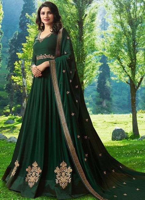 Dark Green and Gold Embroidered Anarkali