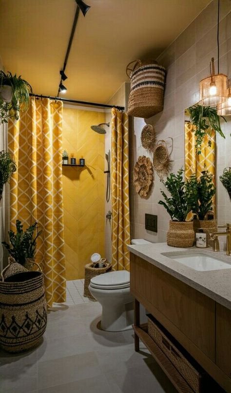 Yellow Guest Bathroom, Boho Bathroom Yellow, Cute Bathroom Decor Ideas Color Schemes, Boho Washroom Decor, Yellow Bathroom Aesthetic, Boho Washroom, Yellow Boho Bathroom, Mustard Yellow Bathroom, Vibe Bathroom