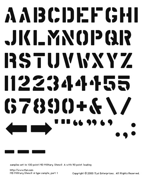 MD Military Stencil A Character Set.  Letters A through Z, with alternate A, R, numbers 0 through 1, with alternate 1s, 2s, 4s, 5s, plus sign, ampersand, backslash, forward slash, arrows, prime mark, quote mark, smart quotes, period, comma, colon, dashes.  Sample text was set in 100 point MD Military Stencil A, with 90 point leading. Army Stencil, Stencil Lettering, Stencil Letters, Quote Mark, Stencil Font, Smart Quotes, Fancy Fonts, Letter Stencils, Logo Fonts