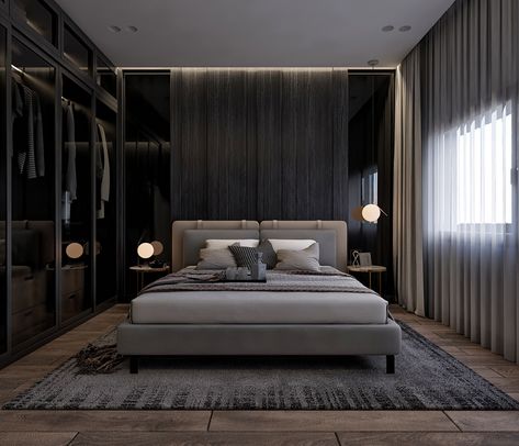 BLACK MASTER BEDROOM on Behance Black Luxury Bedroom, Black Bedroom Modern, Black And Grey Bedroom, Black Bedroom Design, White Apartment, Luxe Bedroom, Bedroom Minimalist, Bedroom Interior Design Luxury, Modern Luxury Bedroom