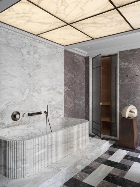 Built In Marble Bathtub, Fluted Marble Bathroom, Fluted Ceiling, Marble Bath Tub, Alabaster Ceiling, Bathroom Looks, Marble Bathtub, Marble Tub, Sophisticated Furniture