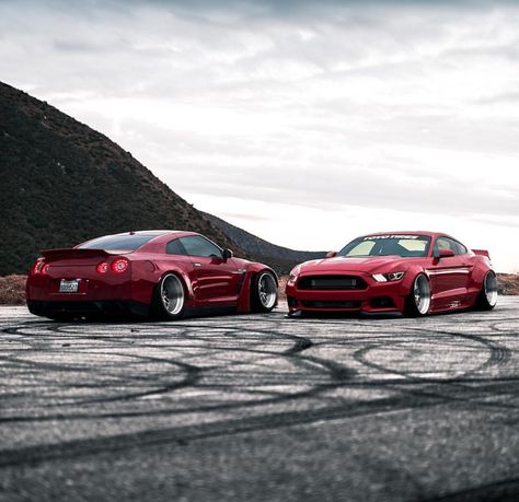 Bad-ass Liberty Walk Ford Mustang and Nissan GTR Liberty Walk, Motor Bikes, Nissan Gtr, Ford Mustang, Luxury Cars, Mustang, Nissan, Audi, Ford