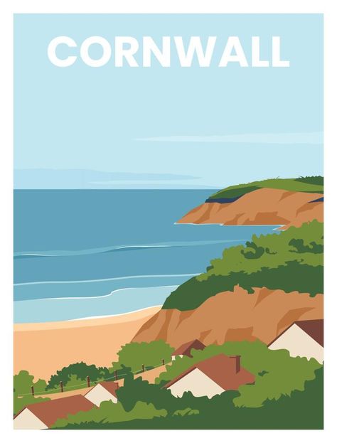 travel poster of Cornwall England.Travel to Cornwall South West England United Kingdom.Vector illustration with colored style for poster, postcard, card, background, art print. Railway Posters, Beach Posters, Poster Series, Secluded Beach, Beautiful Sites, Your Picture, Vintage Travel Posters, Vintage Travel, Travel Poster