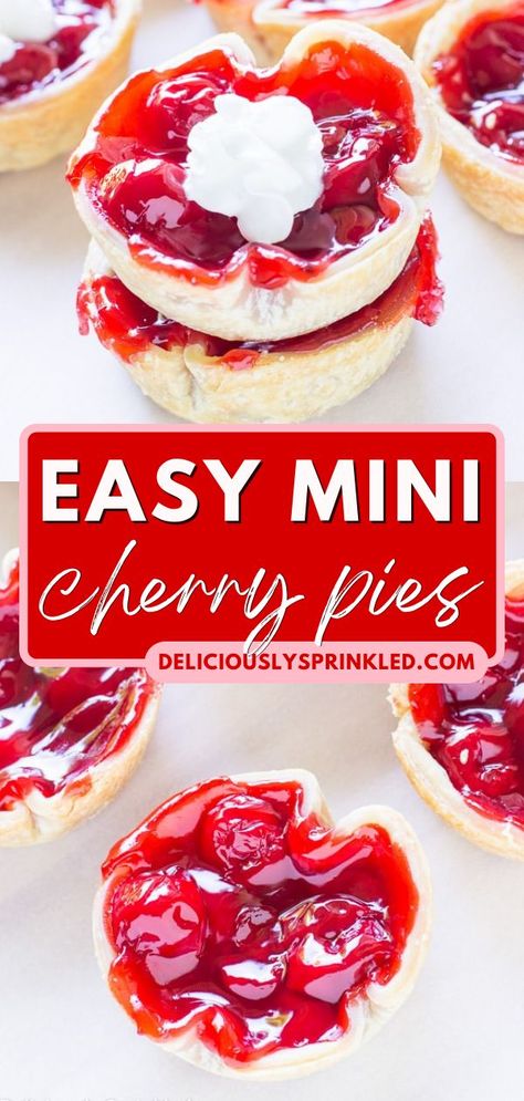 Still thinking of a Thanksgiving dessert to bring? Learn how to make Mini Cherry Pies! Paired with cherry pie filling, these mini pies are so cute and delicious. Plus, 3 ingredients are all you need for this easy baking recipe! Pies In Muffin Tin, Cherry Pie Filling Recipes Easy, Best Cherry Pie Recipe, Thanksgiving Dinner Food, Impressive Christmas Dessert, Thanksgiving Menu List, Cherry Pie Recipe Easy, Impressive Thanksgiving Desserts, Best Cherry Pie