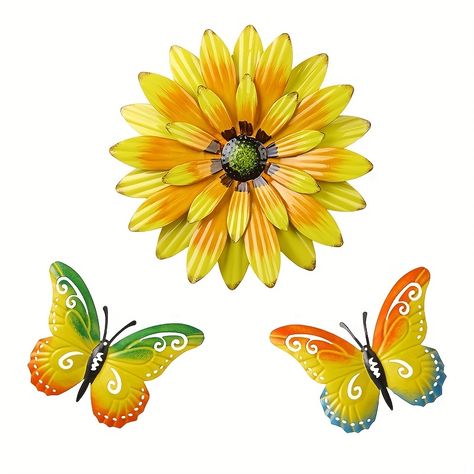 Outdoor Fence Decor, Metal Wall Flowers, Flower Wall Art Decor, Patio Wall Decor, 3d Butterfly Wall Decor, Metal Butterfly Wall Art, Sunflower Home Decor, Sunflower Wall Decor, Outdoor Metal Wall Art