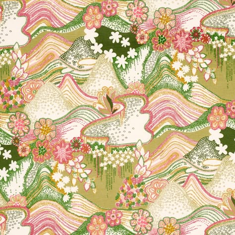 Schumacher X Clements Ribeiro Daisy Chain Fabric in Green & Pink | Chairish Chain Wallpaper, Trippy Landscape, Daisy Chains, L Wallpaper, Pink Wallpapers, Schumacher Fabric, Creation Art, Daisy Chain, Rolling Hills