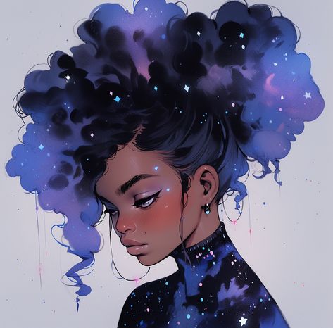 Woman Made Of Stars, Outer Space Character Design, Space Reference Drawing, Astronomy Character Design, Galaxy Clothes Drawing, Cloud Oc Art, Space Hair Drawing, Cloud Hair Character Design, Star Person Art