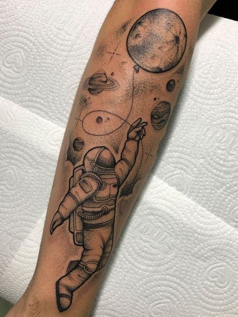 Astronaut Tattoos, Cool Space Tattoos, Space Tattoo Ideas, Space Tattoo Sleeve, Rocket Tattoo, Space Tattoos, Outer Forearm Tattoo, Astronaut Tattoo, Full Arm Tattoos