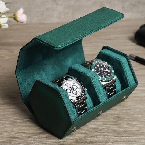 Hexagonal shape watch case, saffiano leather luxury travel watch holder Size: 2 watches case:140*95*85mm, 4 watches case:280*95*85mm, the pillow can hold watch wrist size from 6.5'' and up Material: Gennuine cow leather Watch Roll Case, Leather Watch Roll, Leather Watch Case, Watch Display Case, Leather Watch Box, Green Watch, Watch Storage Box, Watch Roll, Jewelry Organizer Storage