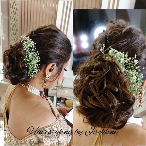 Hairdo With Saree Low Buns, Indian Bridal Low Bun Hairstyle, Saree Messy Bun Hairstyles, Messy Juda Hairstyle, Low Bun For Bride, Low Messy Bun Hairstyles Indian Saree, Messy Bun With Lehenga, Bridal Messy Bun Hairstyles, Wedding Juda Hairstyle