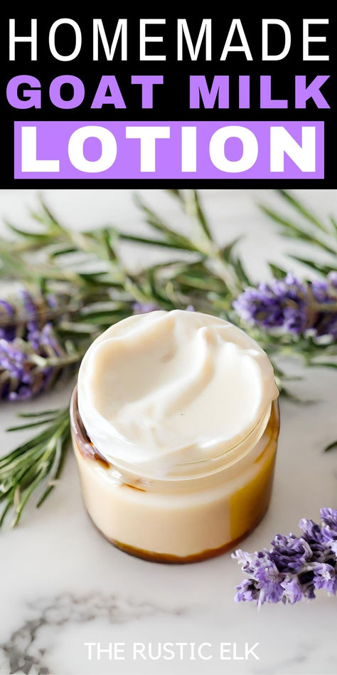 Luxurious, nourishing and simple homemade lotion recipe using goat milk for all those amazing skin benefits! Goat Milk Deodorant Recipe, Simple Goat Milk Soap Recipe, Goat Milk Face Cream Recipe, How To Make Goat Milk Lotion, Goats Milk Lotion Recipe, Uses For Goat Milk, Goat Soap Recipe Homemade, Goat Milk Lotion Bars, Homemade Things To Make