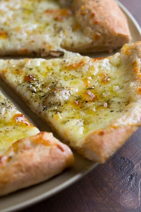 White Pizza | Table for Two® by Julie Chiou Homemade White Pizza Recipe, Pizza Chips Recipe, Garlic Pizza Recipe, Pizza White Sauce Recipe, Pizza Knots, Cheese Pizza Recipes, Garlic Pizza Bread, Pizza Spinach, Boboli Pizza