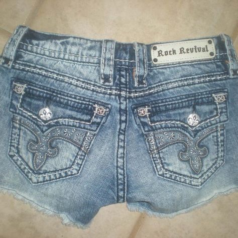 Brand New Never Worn Or Washed Rock Revival Cut Off Jean Shorts The Waist Measures 13 1/2" Across These Have Never Been Washed Or Dried So Shrinkage May Occur As I Said In A Few Of My Listings Every Pair Of Miss Me's And Rock Revival Jean Shorts Have All Different Patterns, Bling Fit And Designs The Length Measures A Little Over 9" The Inseam Is 2 1/2" The Rise Is Almost 7" These Are Made Of 100% Cotton Bedazzled Shorts, Thrift Shop Outfit, Y2k Jean Shorts, Bling Shorts, Rock Revival Shorts, Cut Off Jean Shorts, Low Waist Jeans, Low Rise Shorts, Y2k Clothes