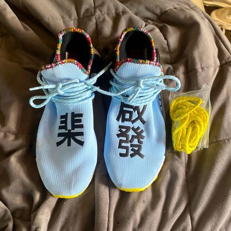 HU NMD adidas pharrell williams Adidas Human Race, Nmd Adidas, Adidas Pharrell Williams, Sneaker Design, Adidas Nmd, Pharrell Williams, Designer Sneakers, Blue And Yellow, Adidas Yeezy Boost