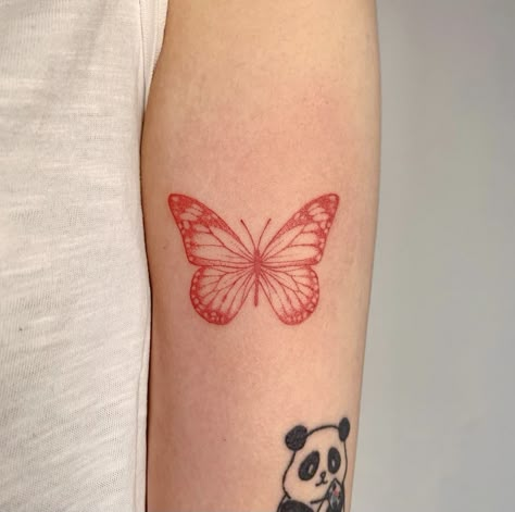 Red Ink Butterfly Tattoo, Red Ink Butterfly, Ink Butterfly, Butterfly Tattoos On Arm, Basic Tattoos, Butterfly Tattoos For Women, Small Pretty Tattoos, Red Ink Tattoos, Tatuaje A Color