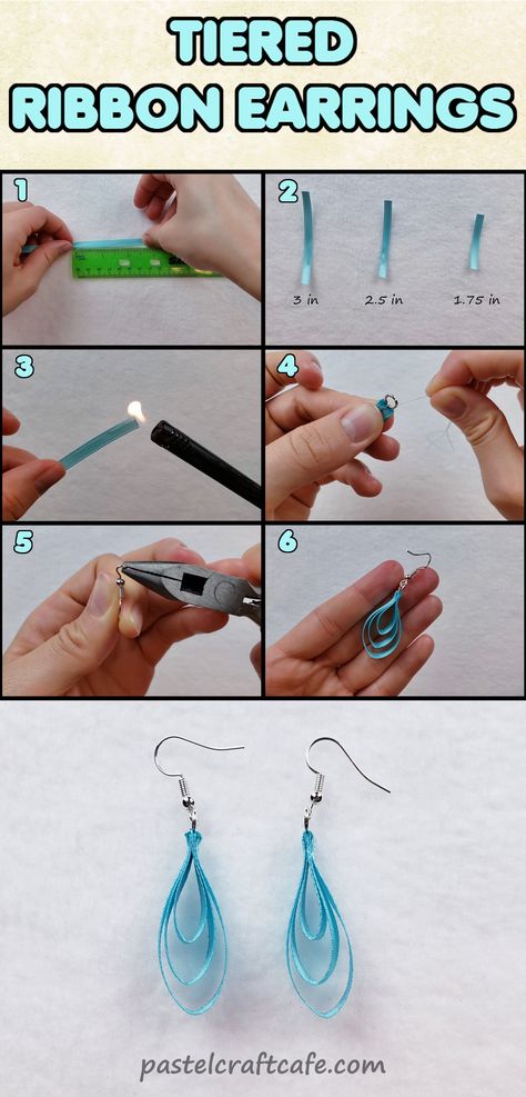 Steps to make tiered ribbon earrings Easy Earrings To Make And Sell, Cute Diy Earrings Ideas Easy, Diy Clip On Earrings How To Make, Beaded Jewelry Sets Diy, Easy Earings Ideas, Easy Handmade Earrings, How To Make Homemade Earrings, Easy Homemade Jewelry, Diy Earrings Easy How To Make