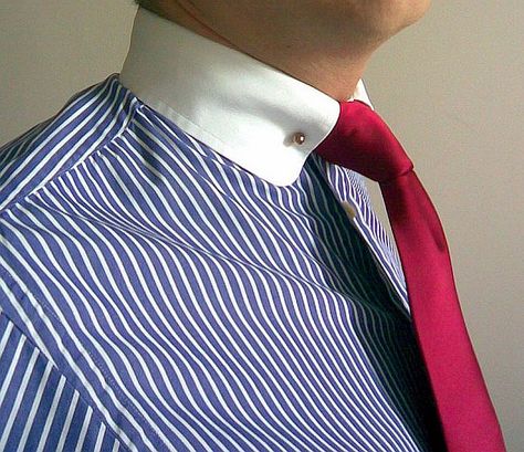 Pinstripe shirt with contrast white rounded collar, collar pin and burgundy red neck tie | by Peter MrShirted Contrast Collar Shirt, Pin Collar Shirt, Pin Dress, Pinstripe Shirt, Bespoke Shirts, Collar Shirt Men, Collar Pin, Fruit Loops, White Collared Shirt