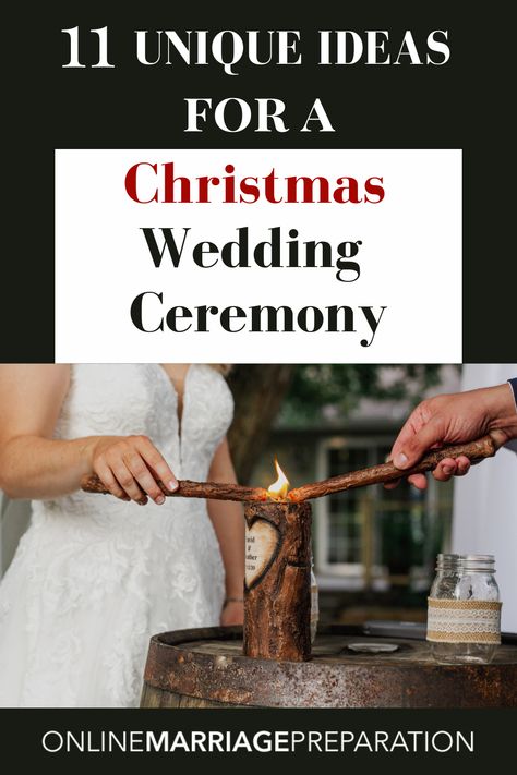 a bride and groom lighting a wooden unity candle at their christmas wedding ceremony. Christmas Wedding Photo Booth, Christmas Unity Ceremony Ideas, Mistletoe Wedding Arch, Backyard Christmas Wedding, Christmas Weddings, Christmas Wedding Ceremony, Christmas Wedding Ideas, Xmas Wedding Ideas, Wedding Aisle Decorations Outdoor