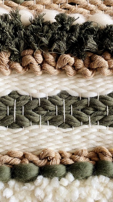 Woven wall hanging // office decor ideas // entryway decor ideas // unique wall art // green wall decor // home decor // eclectic decor // weaving ideas // tapestry weaving // handmade decor // spring decorating // wall tapestry // olive, beige, cream // cozy wall art // gallery wall decor // boho home // weaving inspiration // entryway wall art // statement piece decor // wall weaving // woven wall art // weaving inspiration // handmade decor // fiber art Diy Woven Wall Art, Tapestry Weaving Ideas, Weaving Projects Ideas, Textured Weaving, Woven Wall Hanging Diy, Textured Wall Hanging, Cozy Wall Art, Weaving Stitches, Entryway Wall Art