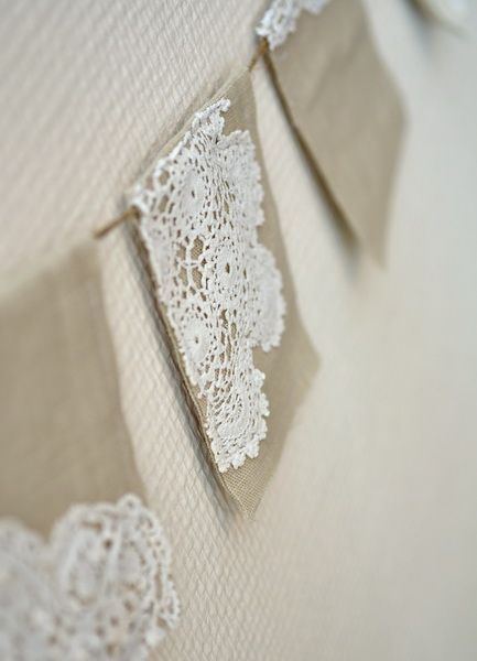 Doiley's on Linen Bunting Doily Ideas, Doily Banner, Doily Bunting, Party Chairs, Pinterest Wedding, Wedding Projects, Creative Person, Wedding Items, Diy Banner